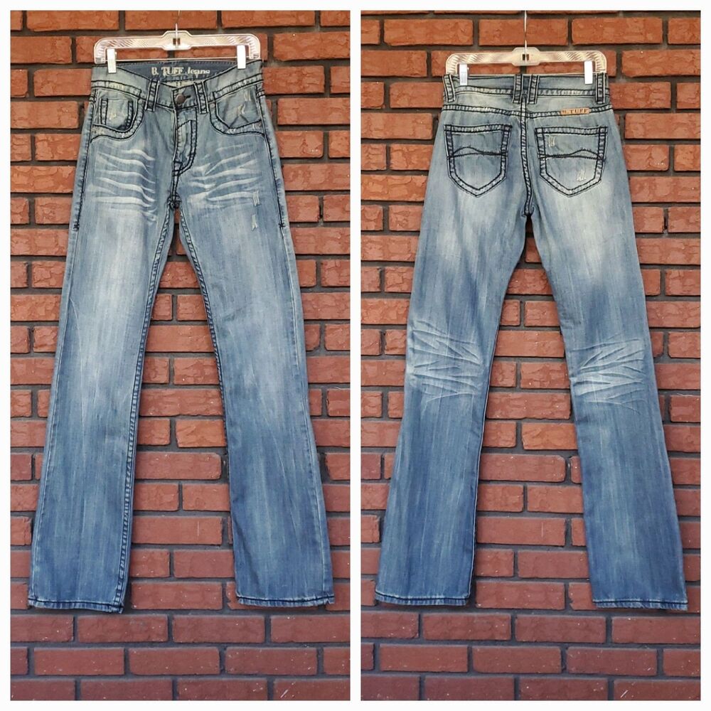 Mens B Tuff Dare Me Black Jeans 29x35.5 (Tag 28x36) Distressed Whiskering Blue
